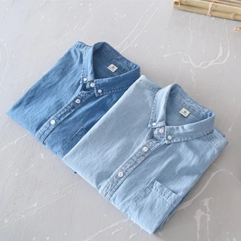 Sonbahar Erkek Kot Gömlek Pamuk Kore Tarzı Yaka Basit Cepler Yakışıklı Streetwear Moda Rahat Gevşek Erkek Mavi Ceketler
