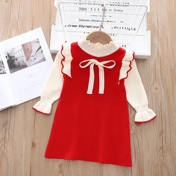 Sonbahar Kız Kazak Uzun Kollu Elbise 1-6 Yıl Noel Partisi Kız Bebek Retro Yay Yaprak Örme Yün Elbise