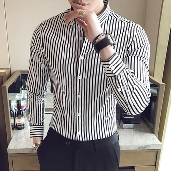 Sonbahar Yeni Kore Moda Casual Düğme Aşağı Gömlek Erkekler Tasarım Marka Slim Fit Erkek Gömlek Uzun Kollu Çizgili Gömlek