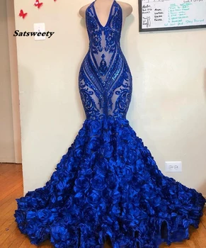 Sparkly Sequins Kraliyet Mavi Mermaid balo kıyafetleri See Through Derin V Boyun Halter Artı Boyutu Resmi Akşam Partisi Törenlerinde Afrika