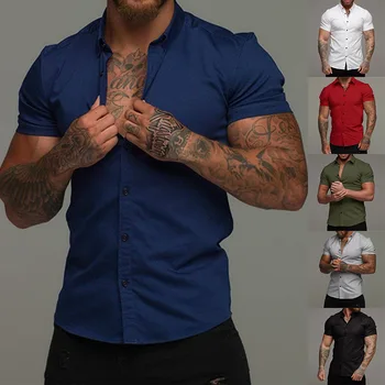 Spor salonları Spor Gömlek Erkekler Kısa Kollu Elastik Gömlek Casual Slim Gömlek Erkek Vücut Geliştirme Egzersiz Bluz Yaz Erkek Giyim