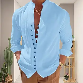 Standı Yaka Uzun Kollu Erkek Gömlek Tek Göğüslü Anti-boncuklanma Yaz Rahat Düz Renk İnce Gömlek Tops Günlük Giysi