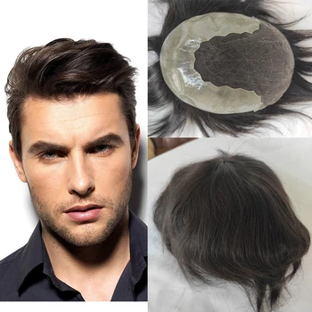 Stokta Q6 Peruk Erkekler için 100 % avrupa insan saçı İsviçre Dantel Ön Doğal Saç Çizgisi Saç Parçaları 0.08 mm İnce Deri PU erkek Saç