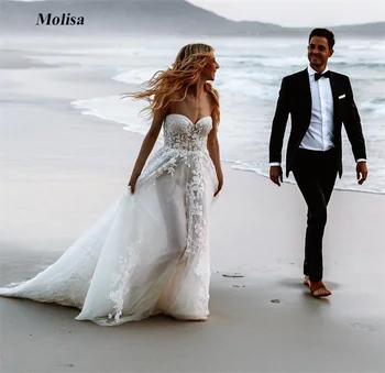 Straplez Boho Backless düğün elbisesi Kolsuz A-Line Aplikler Gelin Elbiseler Kadınlar için 2022 Ücretsiz Kargo Ülke gelin kıyafeti