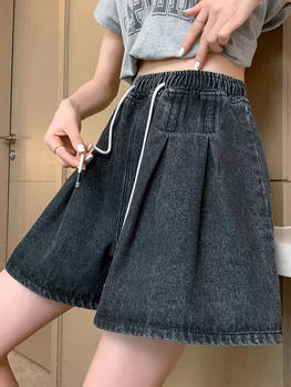 SURMİİTRO M-6XL Artı Boyutu Kot Şort Kadın 2023 Yaz Kore Moda Gevşek Siyah Yüksek Bel kısa pantolon Kot Kadın