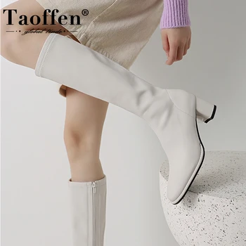 Taoffen Yeni Kadın Yüksek Topuk Çizmeler Kare Topuk Kış Ayakkabı Kadın Moda Günlük Diz Yüksek Çizmeler Kadın Ayakkabı Boyutu 34-39
