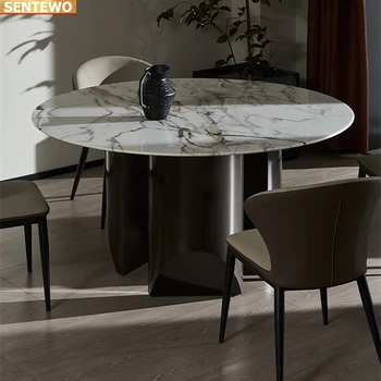 Tasarımcı Lüks yuvarlak mutfak Mermer Kaya Döşeme yemek masası seti 4 6 8 sandalyeler bir yemlik mobilya comedor marbre Karbon çelik taban