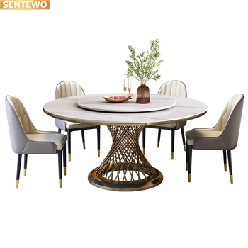 Tasarımcı Lüks yuvarlak yemek odası Mermer Kaya Döşeme yemek masası seti 8 sandalye mesa de comedor mobilya Paslanmaz çelik altın taban