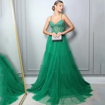 Thinyfull Yeşil A-Line balo kıyafetleri Spagetti Sapanlar Aplike Akşam Elbise Prenses Suudi Arabistan Kokteyl Parti Törenlerinde Artı Boyutu