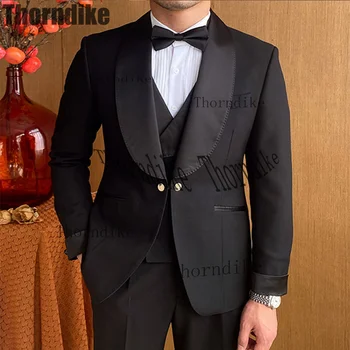 Thorndike Yüksek Kaliteli Takım Elbise Erkek Slim Fit Şal Yaka Damat Düğün Smokin Resmi Blazer Seti 3 Adet (Ceket + Pantolon + Yelek)