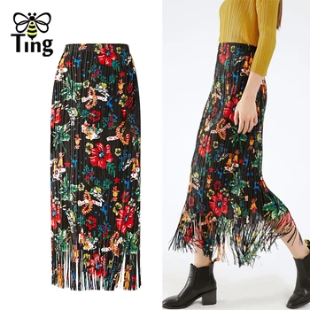 Tingfly Fransa Moda Çiçek Baskı Çiçek Yüksek Kaliteli Püskül Pilili Etekler Tasarımcı Vintage Tüm Mevsim Kolay Fit Etekler Saia