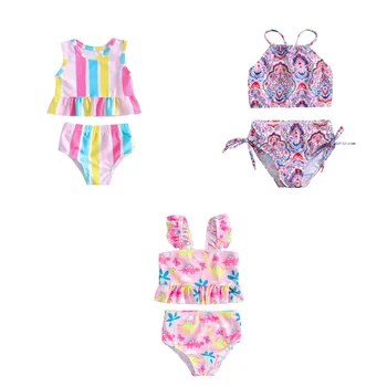 Toddler Kız Yaz Mayolar Bikini Setleri Beachwear Bebek Fırfır Kollu Dinozor Baskı Mayo Üstleri Yüksek Bel Alt 2 ADET