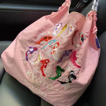 Top Balık Nakış omuzdan askili çanta Tasarımcı Eko Çanta Kadınlar için Harajuku Sazan Alışveriş Çantalar Halat Kolu Çanta Naylon Tote Hobos
