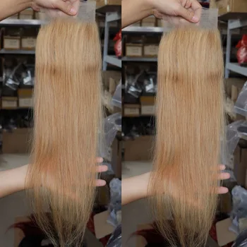Toptan işlenmemiş insan saçı 4x4 Dantel Kapatma Şeffaf Dantel İpek düz Brezilyalı Saç #27 Sarışın Kapatma Peruk Yapımı için