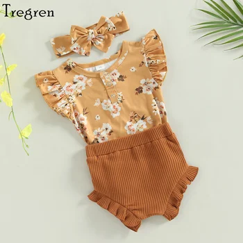 Tregren Yenidoğan Bebek bebek kız yaz kıyafetleri Fırfır Kollu çiçekli tulum + Nervürlü Şort + Kafa Bandı 3 adet Giysi Setleri