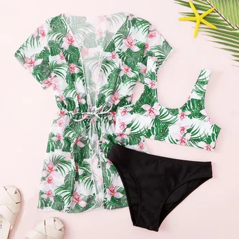 Tropikal ve Çiçek bayan bikini Mayo Çocuklar Cover Up 3 adet çocuk Mayo Kimono 7-14 Yıl Genç Mayo Beachwear