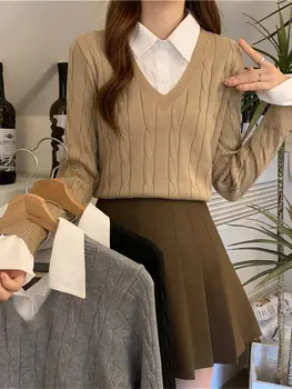 Turn-Aşağı Yaka Kontrast Renk Sahte İki Adet Eklenmiş Uzun Kollu Örme Kazaklar Kadın Sonbahar Kış Tüm Maç ZY7605