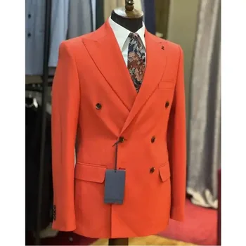 Turuncu Kırmızı Blazer Pantolon Erkek Ceket Takım Elbise Kruvaze Ceket pantolon seti 2 Adet Kruvaze Ofis Rahat düğün kıyafeti