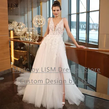 TUTUMLARIN Beyaz Prenses A-line V Yaka Kolsuz Dantel Yüksek Yarık Backless Mahkemesi tren Dökümlü düğün elbisesi Plaj Akşam Balo Abiye