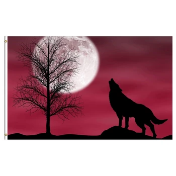 Uluyan Kurt Bayrağı Koyu Bulutlu Gece Yuvarlak Ay Ağacı Yamaç Hayvan Bayrağı Büyük Bayrak Açık Kapalı İşyeri Ev Bahçe Dekor