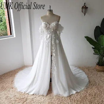 UMK Benzersiz 3D Çiçekler Dantel düğün elbisesi 2023 Lüks Boho Uzun Kollu Ön Bölünmüş Seksi Plaj gelinlikler