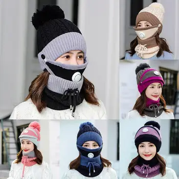 Unisex Şapka Kar Kapaklar Kadın Kış Örme Şapka Kadın Sonbahar Kış Sıcak Örme Bere Kap yüz kapatma boyun eşarbı Açık Seti