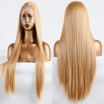 Uzun İpeksi Düz Sentetik Dantel ön peruk Altın Kahverengi Renk ısıya dayanıklı iplik Doğal Saç Çizgisi Ücretsiz Ayrılık Kadınlar İçin Peruk