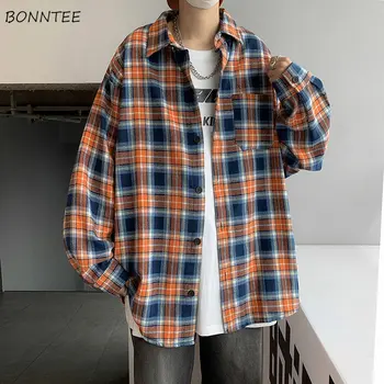 Uzun Kollu Ekose Gömlek Erkekler Harajuku Yakışıklı Y2k Giysileri Unisex Vintage Baggy Japon Camisas Moda Bahar Panelli Eğlence