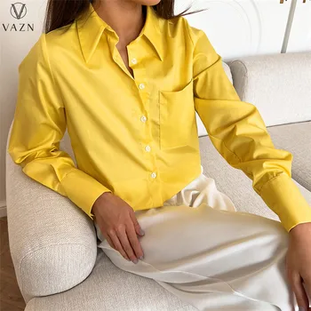VAZN %2022 Saf Renk Tek Göğüslü Gömlek Yeni Moda Bayan Yeni Sokak Rahat Tarzı Gömlek Uzun Kollu Yaka Gömlek