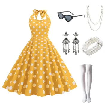 Vintage 50s 60s kadın Parti Elbise Yaz Polka Dot Halter Hepburn Elbise Pin Up Rockabilly Elbiseler Vestidos Para Mujer