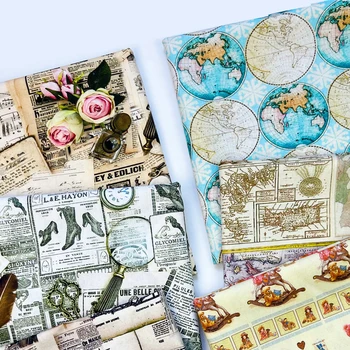 Vintage Eski Gazete Harita Pamuklu Kumaş Baskı Saf Bez Çiçek Çanta DIY El Yapımı Patchwork Gömlek veya Masa Örtüsü Yarım Metre