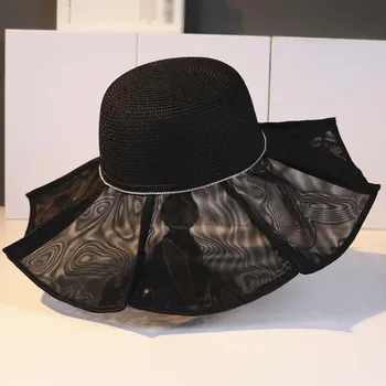 Vintage güneş şapkaları Hasır Şapka Büyük Geniş Ağız Retro Zarif Örgü Kristal Şapka Kadın Gevşek Güneşlik Düz Kap Plaj Siperliği Şapka