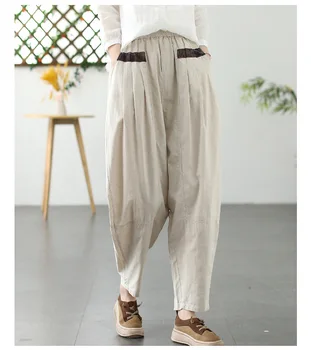 Vintage Patchwork Sanat Gevşek Hafif Keten Pantolon Kadın 2023 İlkbahar Yaz Elastik Bel Havalandırma Rahat harem pantolon