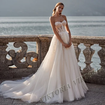 VİKTORİA Hoş düğün elbisesi Sevgiliye Kolsuz Parlak Tül Kadın Gelin A-LİNE Aplikler Vestidos De Novia Özelleştirilmiş