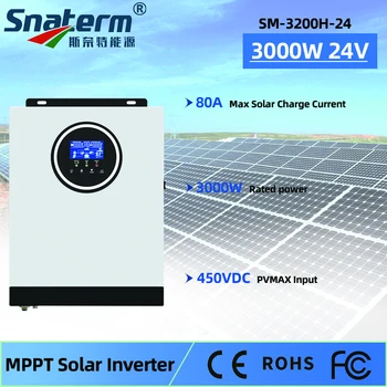 WİFİ 3000W yüksek frekanslı kapalı ızgara güneş enerjisi hibrid güneş inverteri 24Vdc ile 80A MPPT Şarj Cihazı 450V lityum pil
