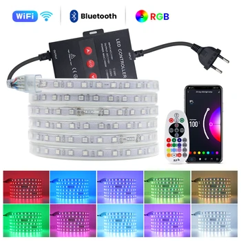 WİFİ APP müzik kontrol cihazı RGB LED şerit AC 220V su geçirmez 60leds / m SMD 5050 esnek şerit bant halat ışıkları