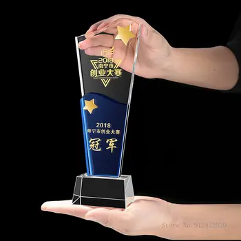 Yaratıcı Özelleştirilmiş Mavi Şeffaf Kristal Kupa Mükemmel Yıllık Toplantı Ev Dekor Ödülü Alt Şeffaf Kristal Kupa