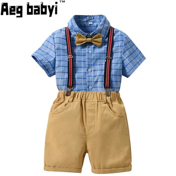 Yaz Bebek Erkek Giysileri Setleri Çocuk Boys doğum günü partisi elbisesi Beyefendi Takım Elbise Papyon Gömlek + Askı Şort Moda Yakışıklı Setleri