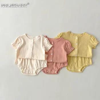 Yaz Bebek Kız Puf Kollu Örgü Üst + şort takımı: Düz Renk Hollow-Out Tek Göğüslü Pamuk-Bebekler Çocuk Giysileri 2 adet