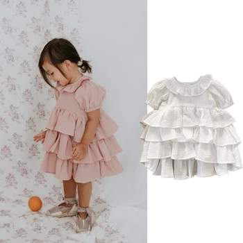 Yaz Bebek Moda Çocuk Kız Pamuk Katmanlı Elbise Vintage Puf Kollu Prenses Elbise Rahat Yürümeye Başlayan Çocuk Tatil Elbiseler 9T