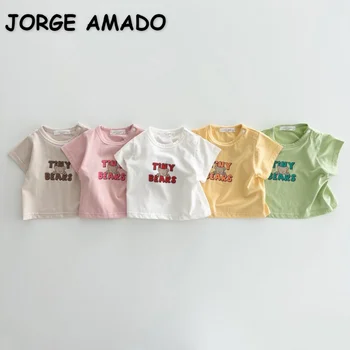 Yaz Erkek Bebek Kız T-shirt Sevimli Ayı Mektup Baskı Omuz Toka O-Boyun Kısa Kollu Üst Bebek Rahat Pamuklu giysiler E23203