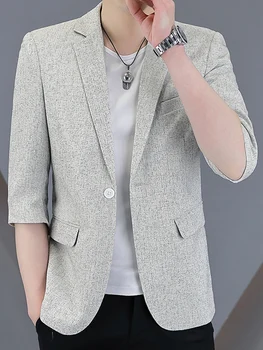 Yaz Erkek Blazer Yedi noktalı Kol Tek Düğme Düz Renk Ceket 2023 Kore İnce Üstleri Moda İş günlük giysi Ceket