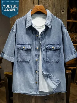 Yaz Erkek Kısa Kollu İnce Denim Gömlek Vintage Cepler Tek Göğüslü İş Üstleri Rahat Streetwear Safari Tarzı Erkek Gömlek