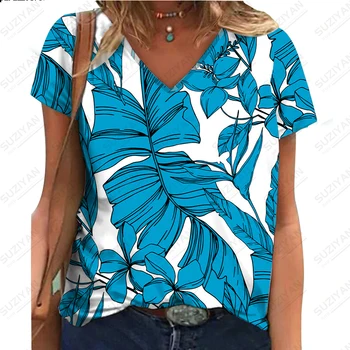 Yaz kadın renk eşleştirme T-shirt Yeni kadın kısa kollu tişört 3D baskılı kadın çiçek üst rahat gevşek V Yaka üst