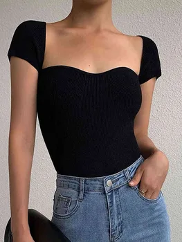 Yaz kadın T-shirt Kore tarzı ince örgü Tee üstleri düz renk kısa kollu seksi T-shirt kadın