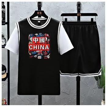 Yaz Moda Eşofman Erkekler Basketbol T Shirt Seti Kısa Kollu T Shirt Şort antrenman kıyafeti Giysileri Rahat Spor Takım Elbise