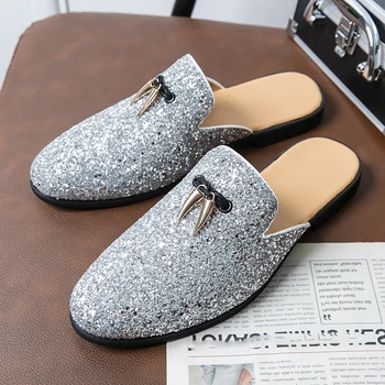 Yaz yarım çizmeler Erkekler için Bling Loafer'lar Terlik Tasarımcı Deri Rahat sürüş ayakkabısı Hafif Flats Sandalet Büyük Boy 38~46
