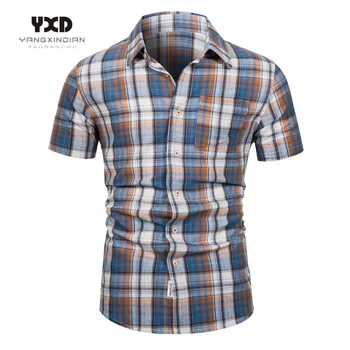 Yaz Yeni %100 % Pamuklu Gömlek Erkekler Ekose Rahat Kısa Kollu gömlek Adam Cep Üst Yaka Düğmesi Üst Erkek Giyim Artı Boyutu
