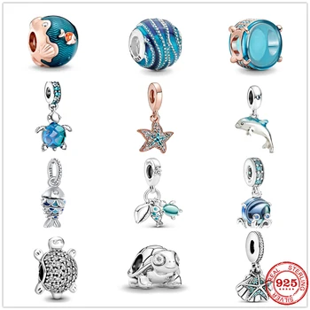 Yaz Yeni 925 Gümüş Mavi Okyanus Kaplumbağa Balina Kabuk Denizyıldızı Charm fit Pandora orijinal bilezik kadınlar DIY takı kolye hediye