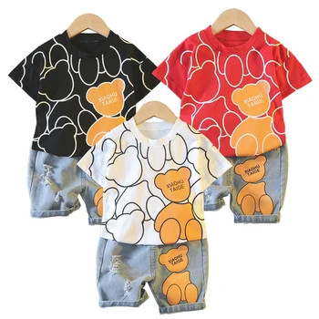 Yaz Çocuk Erkek Kız pamuklu giysiler Çocuklar Karikatür Ayı T-shirt + Şort 2 adet / takım Yürümeye Başlayan Eşofman Bebek Rahat Kıyafetler